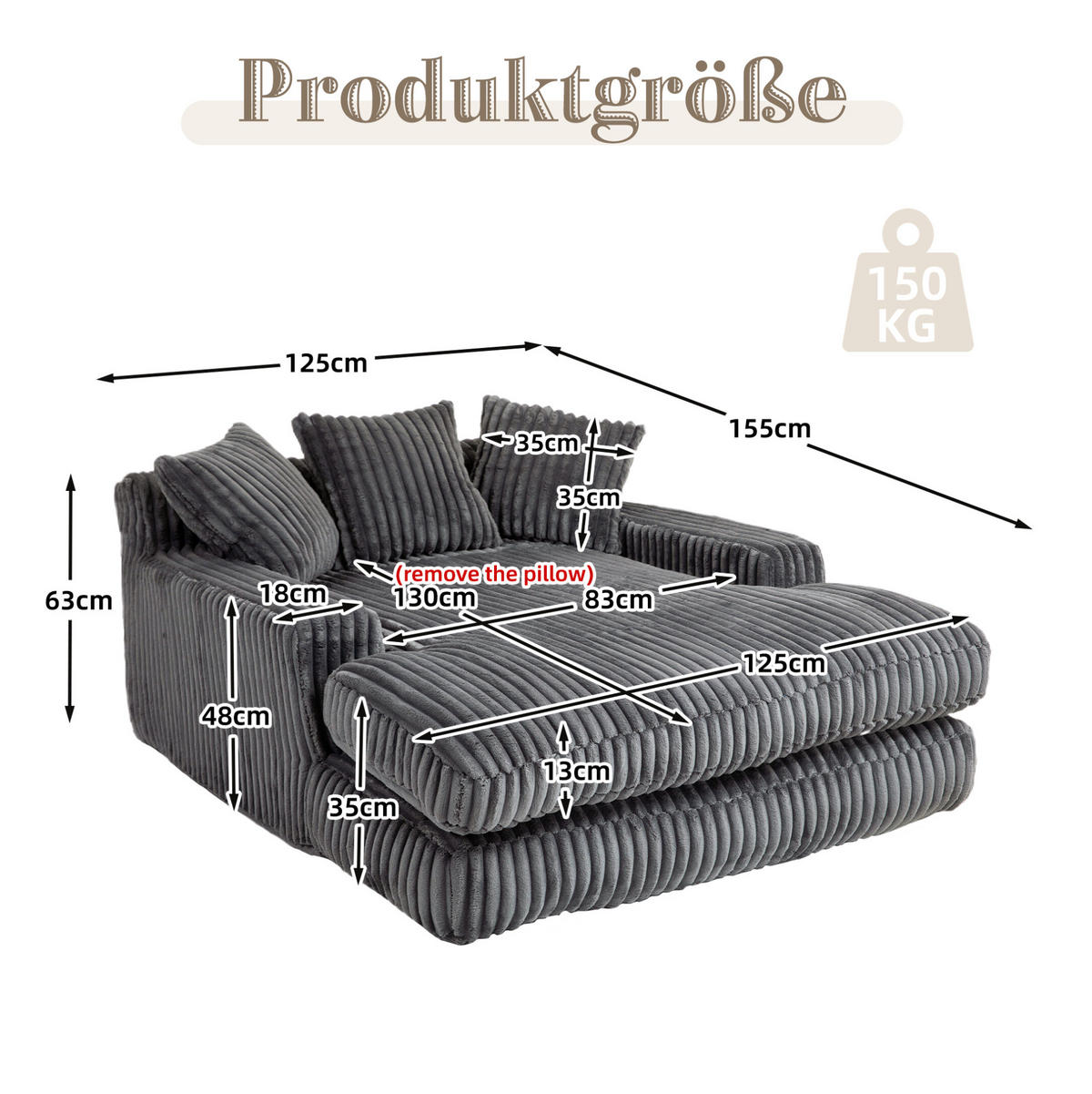 CHAISELONGUE aus Cord 125 x 155 cm dunkelgrau mit 3 Kissen - Dunkelgrau, Kunststoff (155/63/125cm) - Meubliv