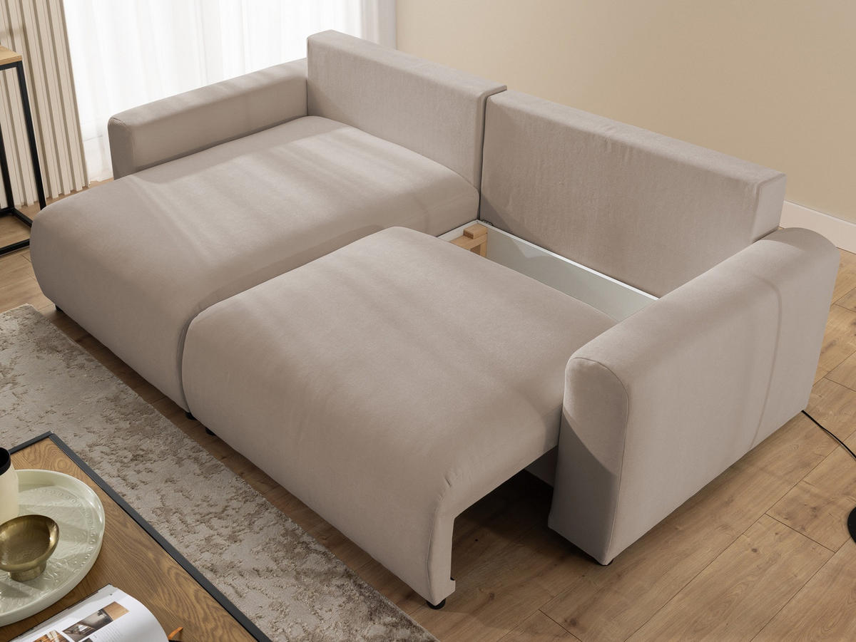 ECKSOFA Calma mit Schlaffunktion und Bettkasten im Bumpy-Design aus weichem Greige Webstoff - Ottomane links - Greige/Schwarz, Holz/Kunststoff (239/140cm) - S-Style