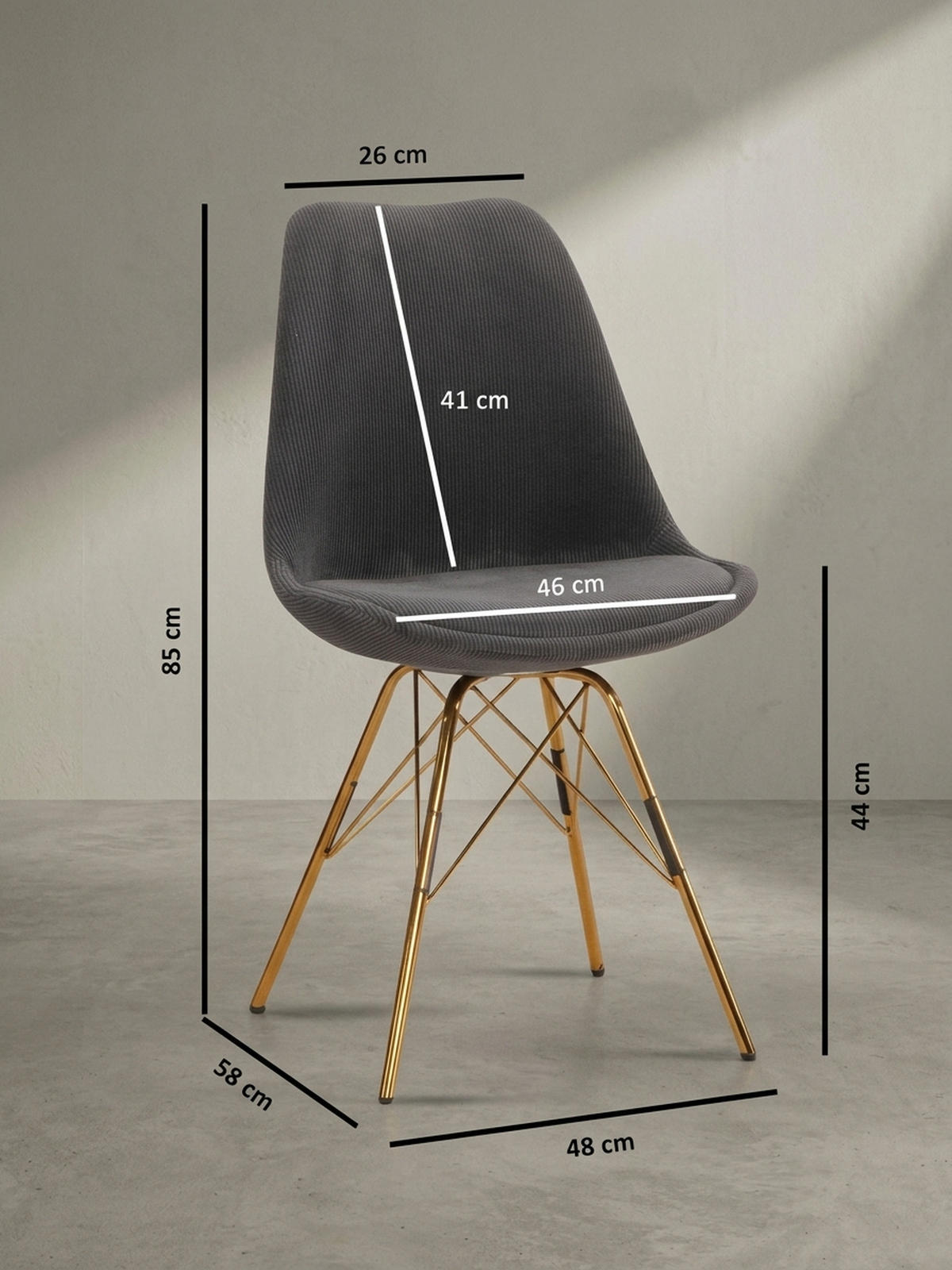 ESSZIMMERSTUHL 2er Set Cordstoff mit Metallgestell Schalenform Skandinavisch gepolstert, Anthrazit 48x58x85 cm - Anthrazit/Goldfarben, Textil/Metall (48/85/58cm) - KADIMA DESIGN