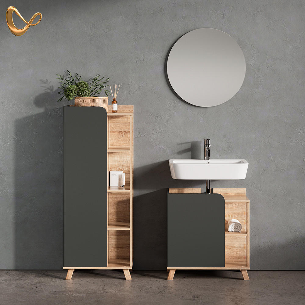 Thumbnail - Livinity® Midischrank, Anthrazit, Holzwerkstoff, 8 Fächer, Rechteckig, 50x128x35 cm, Badezimmer, Badezimmerschränke, Mid...