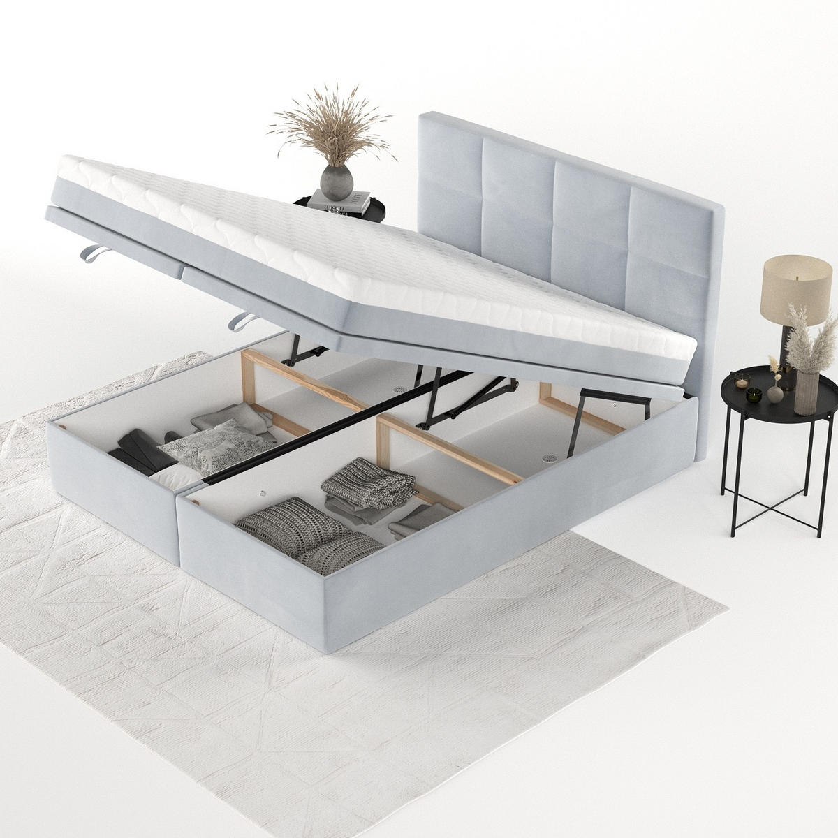 BOXBETT Tessa 140/200 cm Hellgrau im Paros Stoff - Hellgrau/Schwarz, Holz/Holzwerkstoff (140/200cm) - AltaBeds