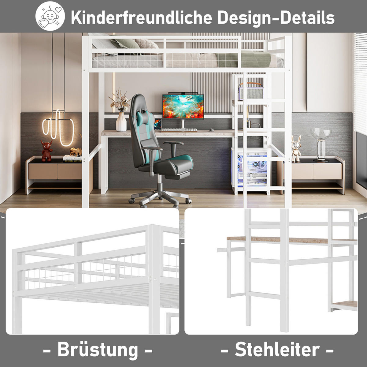 HOCHBETT 140/200 cm Weiß aus Metall mit Schreibtisch und Regalen - Weiß, Metall (140/200cm) - OKMYHOME