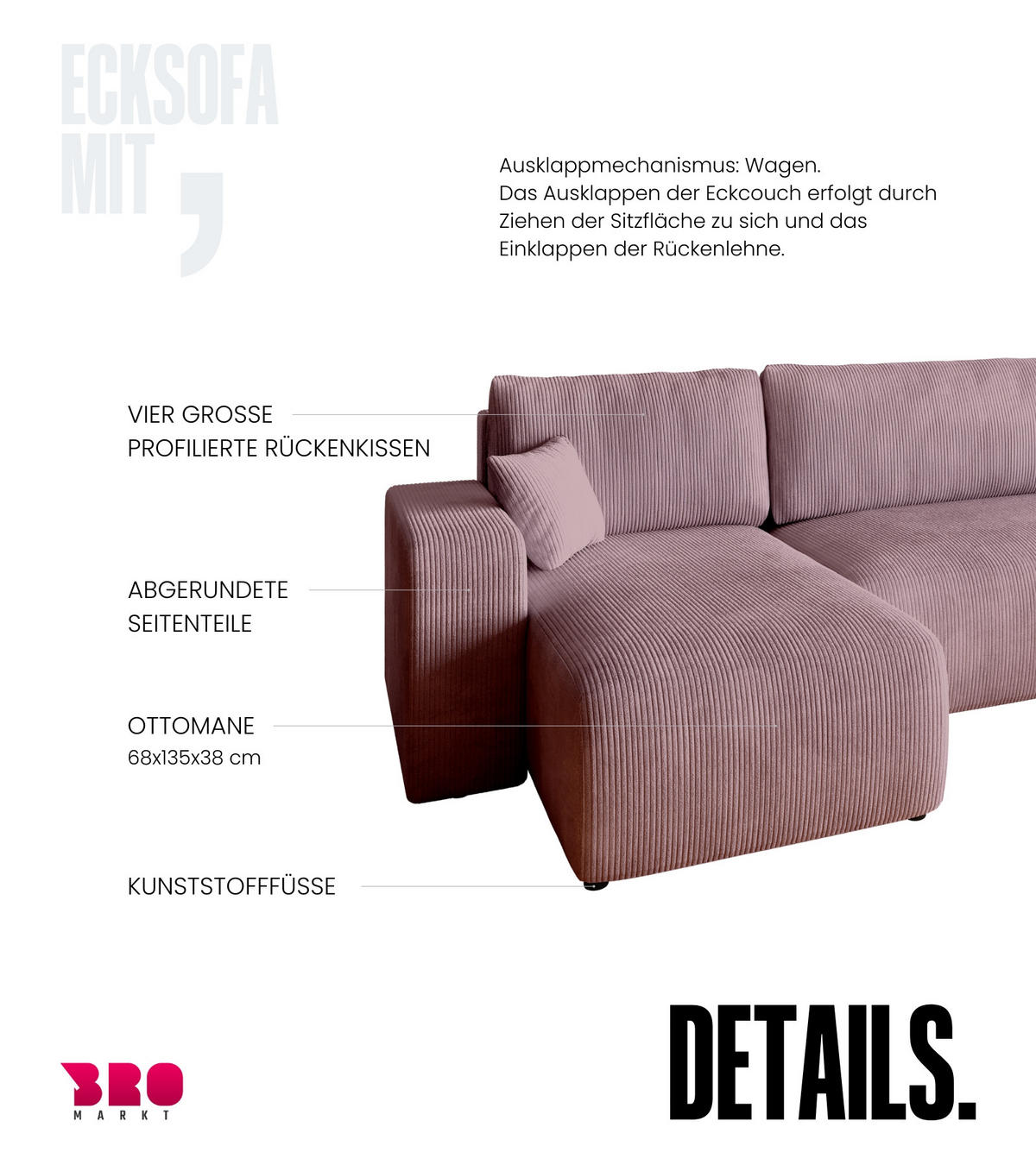 WOHNLANDSCHAFT PUMI mit Schlaffunktion Rosa Cord - Rosa, Textil (312/82/148cm) - Bromarkt