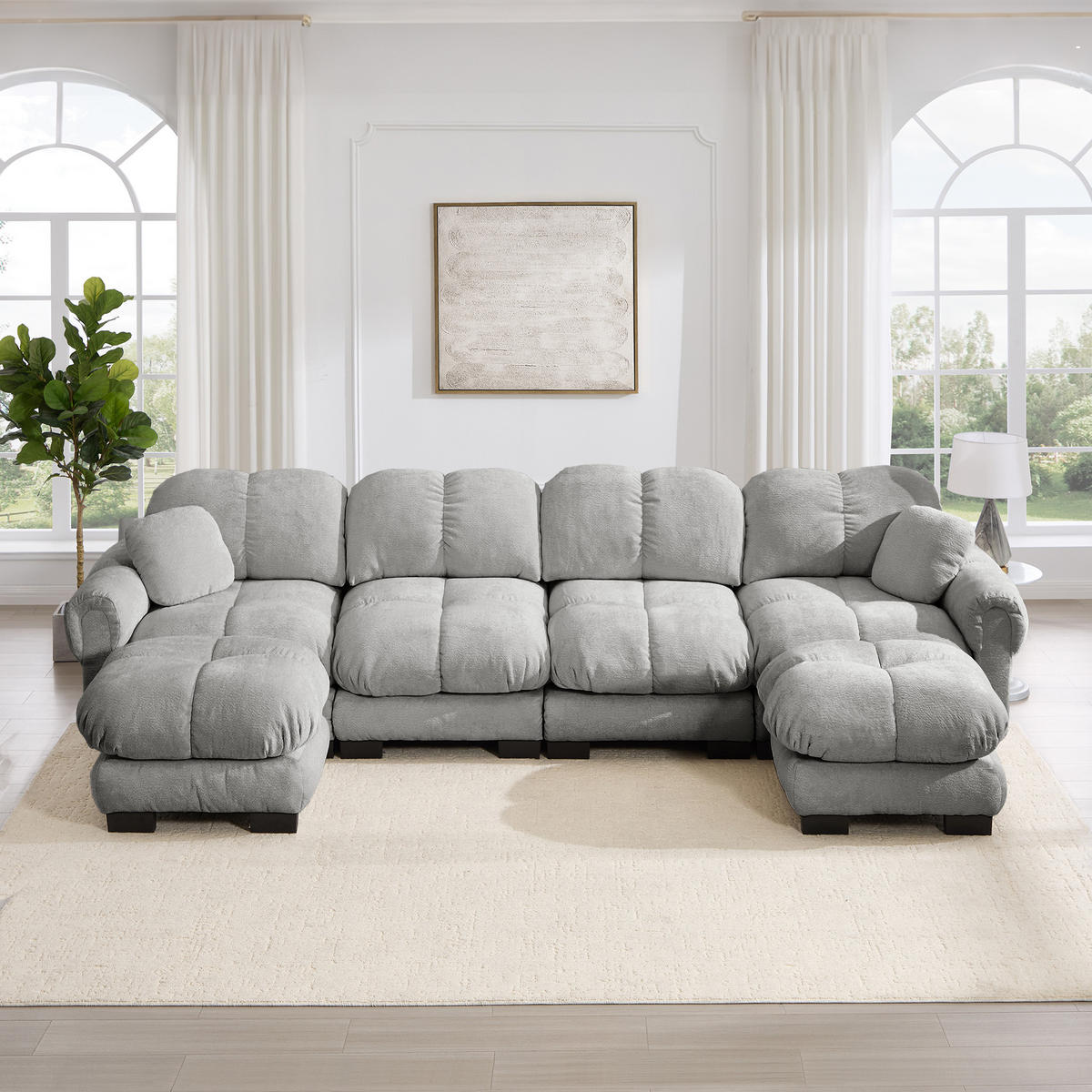 WOHNLANDSCHAFT DE-34384 U-Form mit 2 Ottomans und Steppdesign Hellgrau - Hellgrau, Textil (149/90/330cm) - ComfortXL
