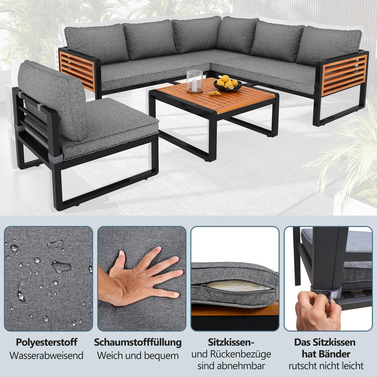 LOUNGESET Modern Grau Mit Verzinktem Rahmen & Holzarmlehnen - Grau, Metall - FLIEKS