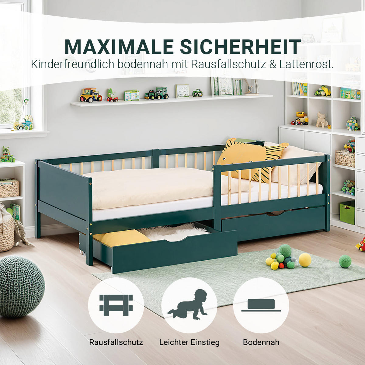 KINDERBETT Grün 90/200 Matratze 2 Bettkästen Rausfallschutz - Grün, Holz (90/200cm) - Homestyle4u