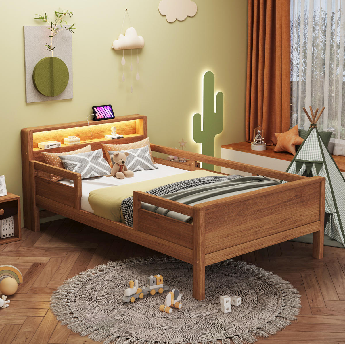 KINDERBETT 90/200 cm mit LED-Leuchte, USB- und Type-C-Anschluss, Kopfteil mit Ablage und Seitengittern, farbe - Naturfarben, Holzwerkstoff (90/200cm) - Redom