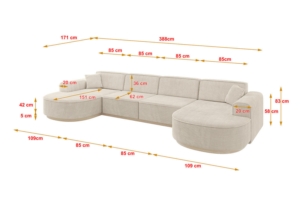 WOHNLANDSCHAFT MARI-U2-v1 - 388x171x83 cm Beige Cord - Beige, Holzwerkstoff/Textil (388/83/171cm) - ALTDECOR