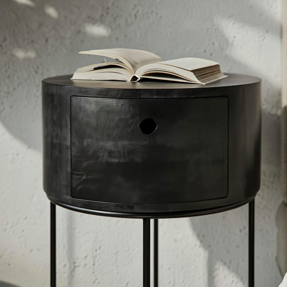 NACHTTISCH Mango Massivholz Metall Rund Schublade Stauraum, Schwarz 40x40x60 cm - Schwarz, Holz/Metall (40/60/40cm) - KADIMA DESIGN