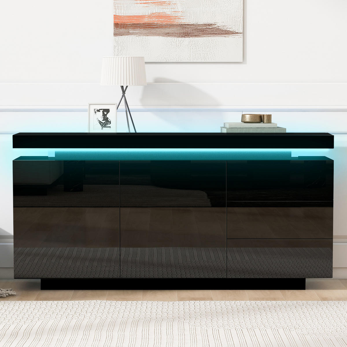 NISKA komoda s LED rasvjetom 140 cm, crna, visok sjaj - crna, drvni materijal (38/72/140cm) - Flora Grace