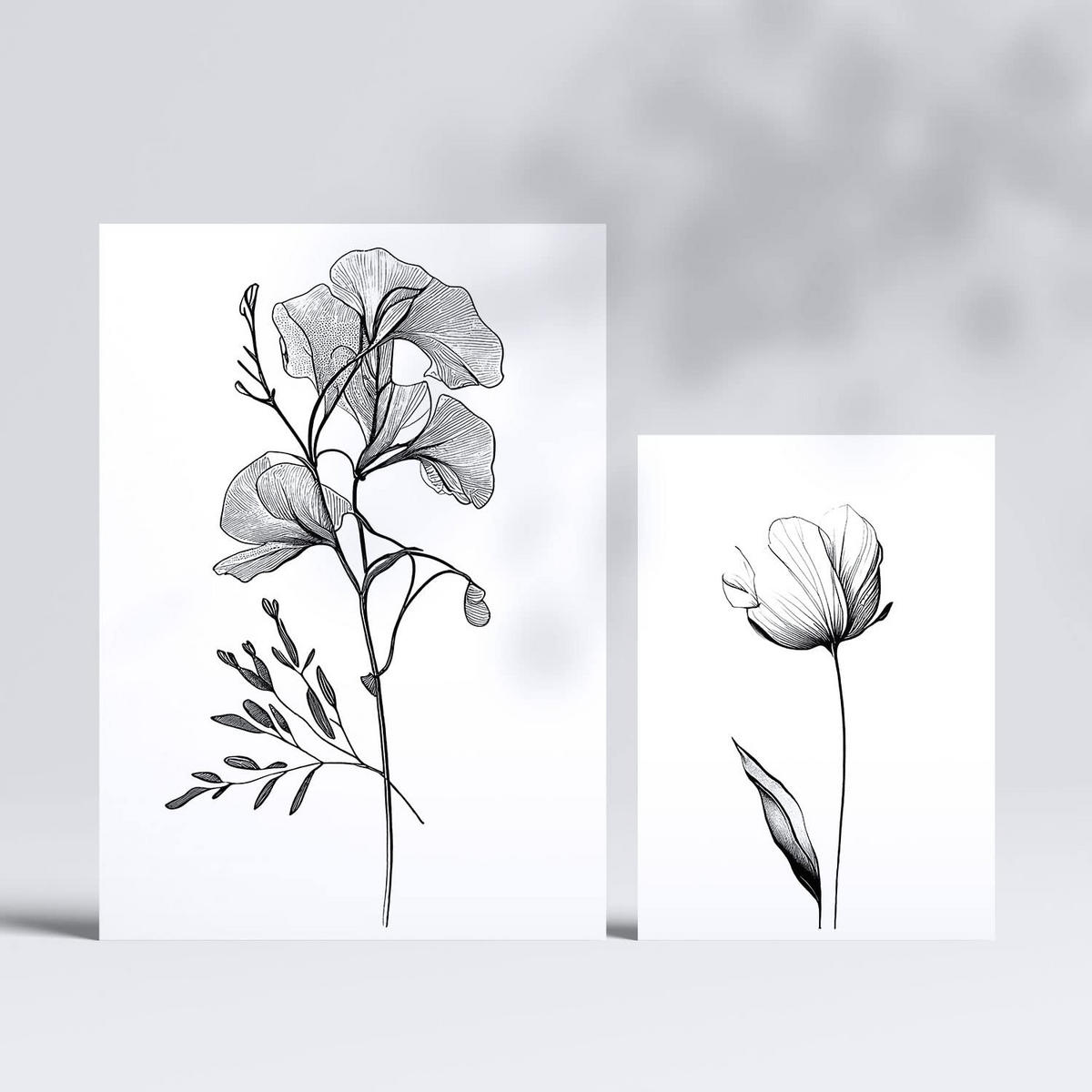 POSTER Set Mit 6 Üppige Blumen Blumenmotiven In Klassischem Schwarz Und Weiß A3 & A4 Rahmenlos - Klar, Papier (29/3cm) - Nacnic