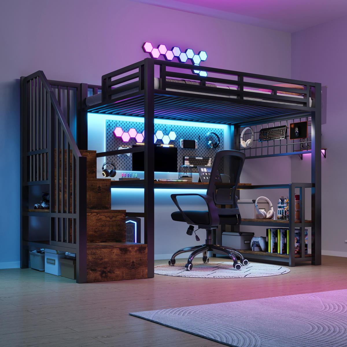 HOCHBETT mit Schreibtisch und Stauraum 90x200 cm Metall Schwarz - Schwarz, Metall (90/200cm) - Meubliv