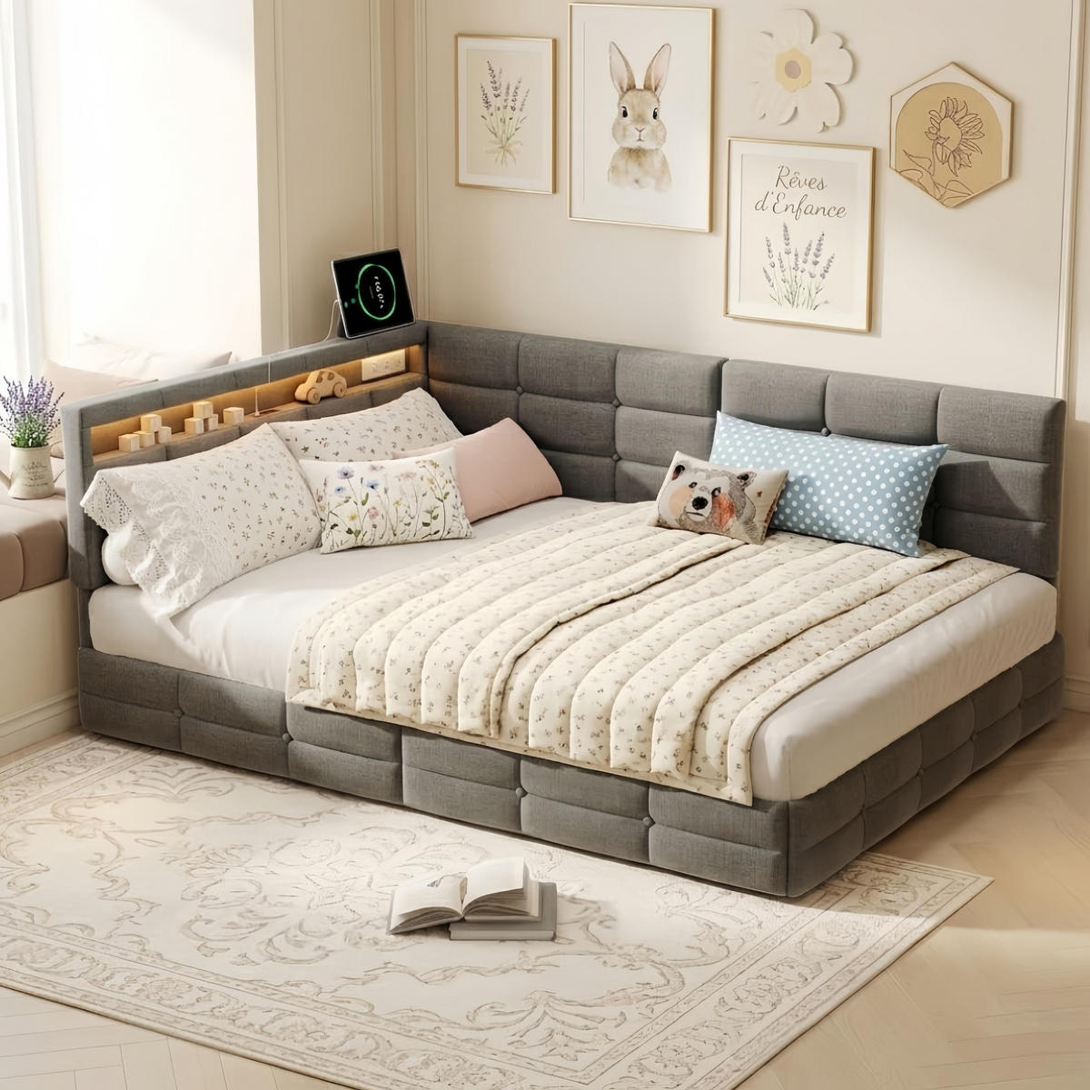 POLSTERBETT 140x200 cm mit 2 Schubladen und LED - Gepolstertes Schlafsofa aus Leinen mit USB und Lattenrost - Für Jugendliche und Erwachsene - Grey - Grau, Holzwerkstoff (140/200cm) - Brevoria