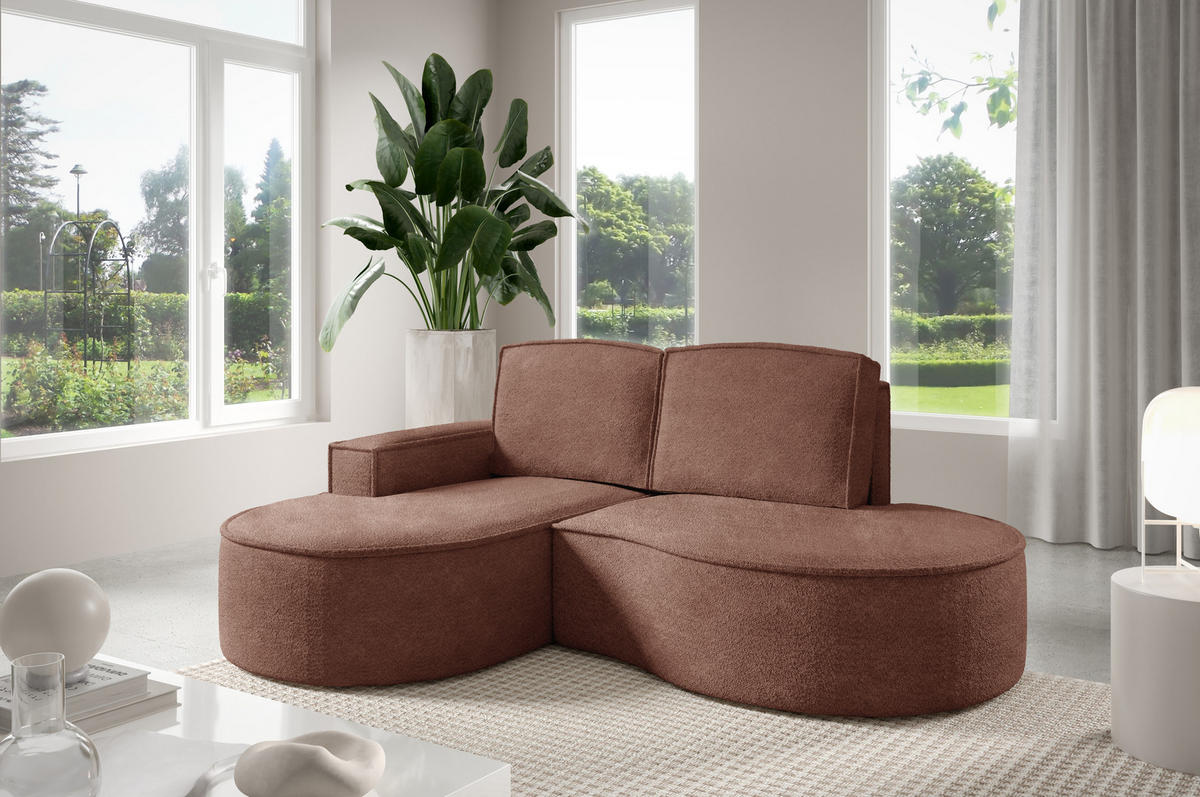 ECKSOFA MOLLY – Halbkreisförmig, Abriamo-Bouclé, Lose Kissen, Bouclé-Bezug, 210x157x88 cm, Links Braun - Mokka, Holz/Textil (157/210cm) - DomoHome