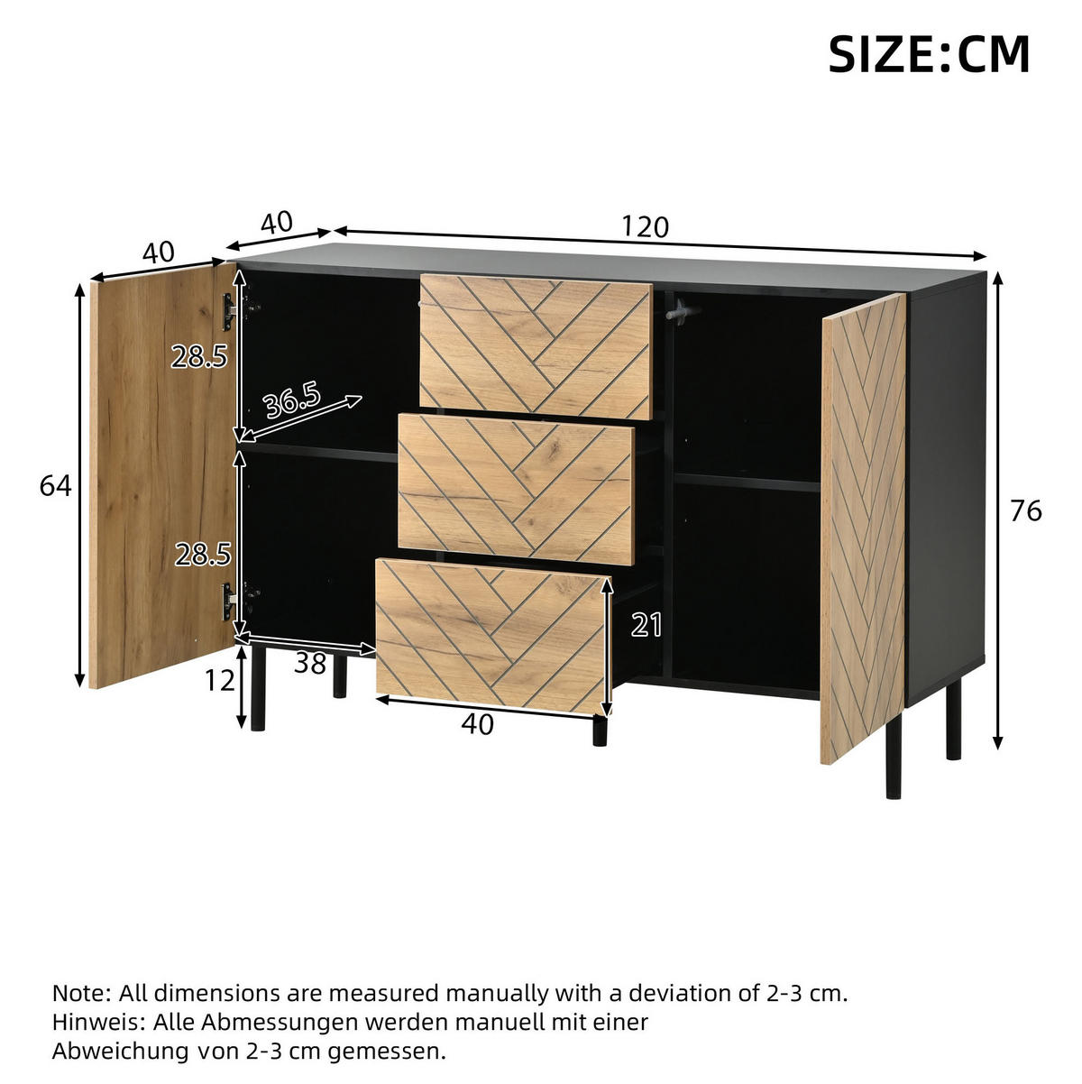 SIDEBOARD 120/40/76 cm Natur/Schwarz aus Spanplatte mit Stauraum - Naturfarben, Holzwerkstoff (120/76/40cm) - OKWISH
