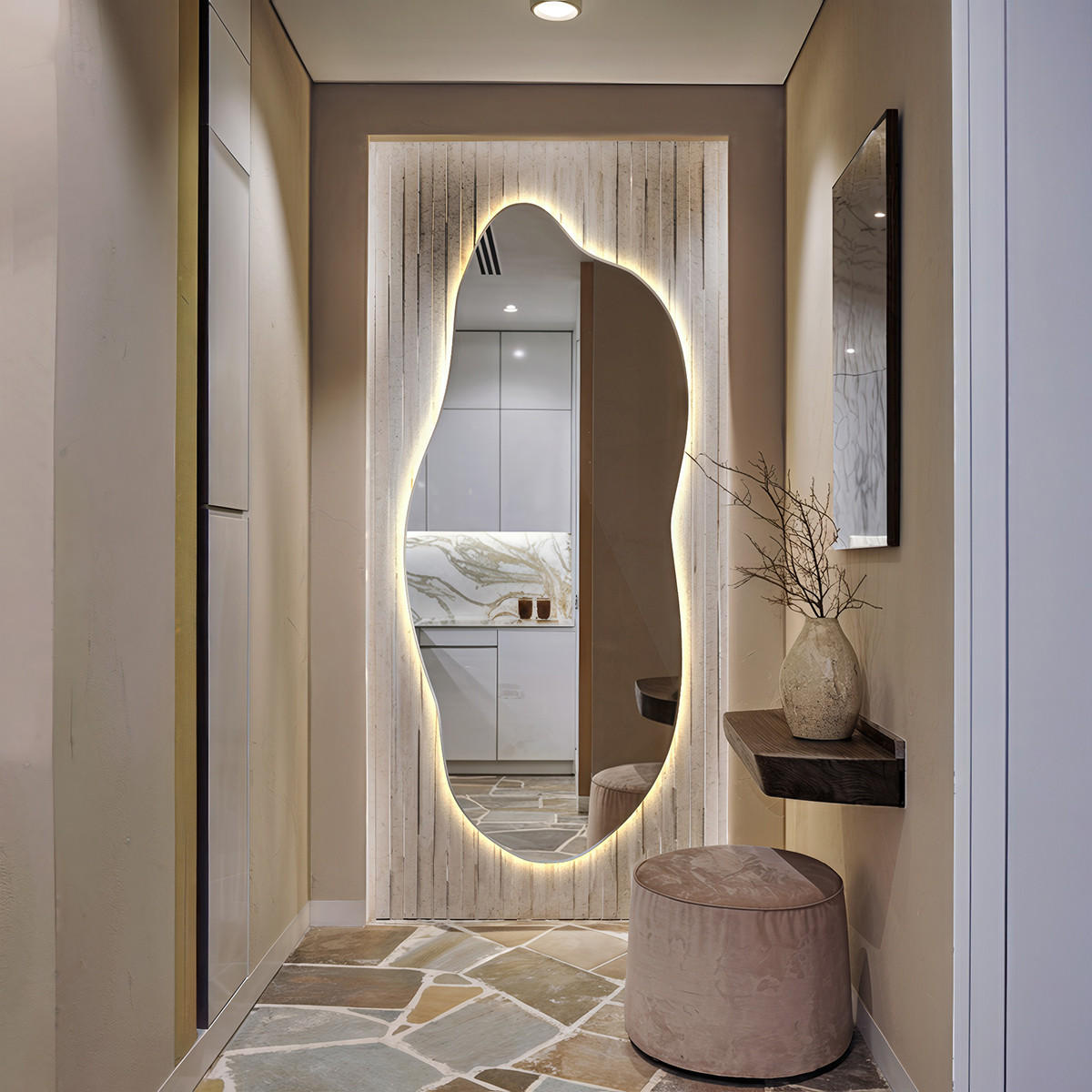 LED-SPIEGEL 45x100 cm Asymmetrisch Warmweiß 3000K - Gelb, Glas (45/100/0.4cm) - Wallfluent