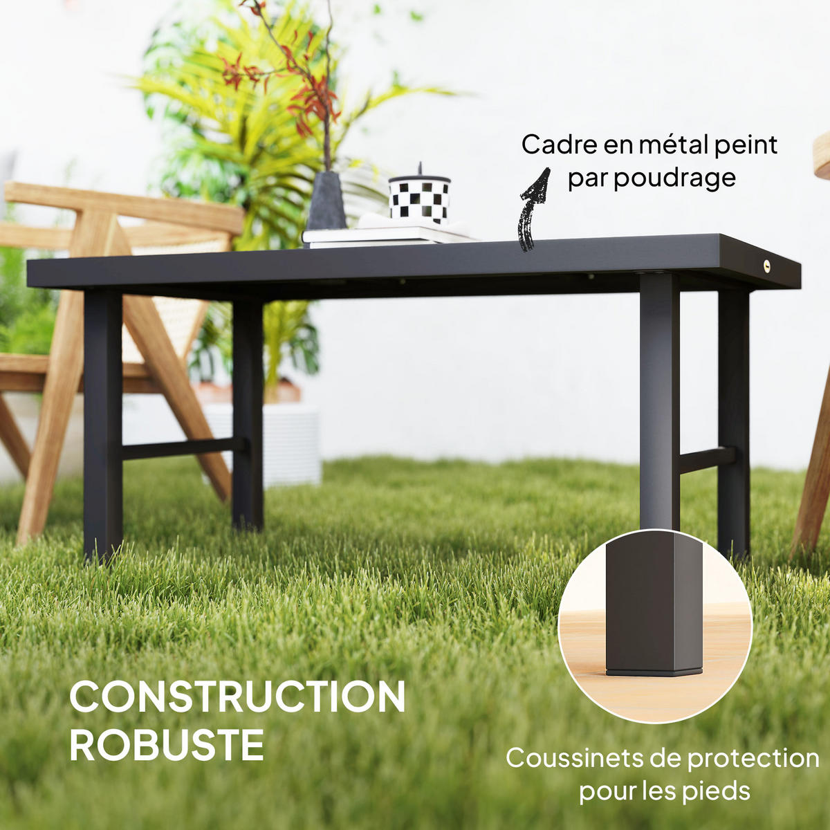 GARTENBEISTELLTISCH DE-14181 rechteckig 100x52 cm, Holzoptik Schwarz - Grau, Metall (100/52/46cm) - ComfortXL