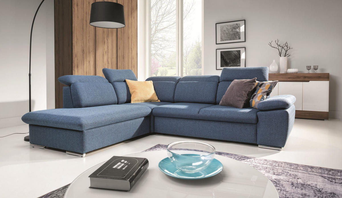 ECKSOFA ROSSI Blau Plüsch-Stoff mit Schlaffunktion - Blau, Holz (280/230cm) - MASSENO