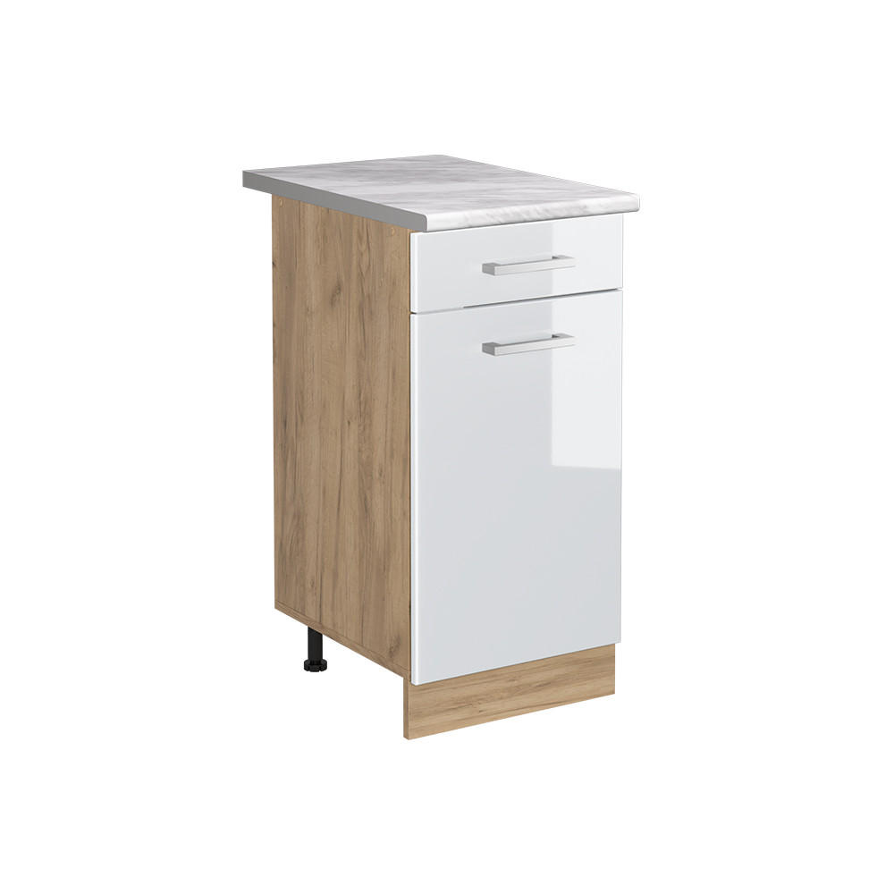 KÖKSUNDERSKÅP R-Line, Vit högblank/Goldkraft ek, 40 cm Marmuras stalviršis Vit högglans, Honungsek 81.6/40/60 cm