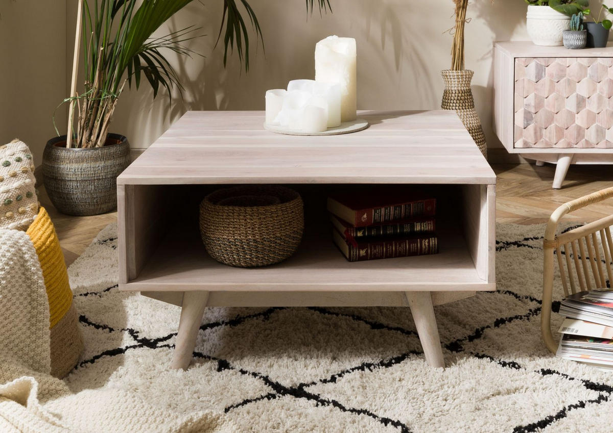 COUCHTISCH Akazie 70x70x40 weiß lackiert MOSAYK #216 - Weiß, Holzwerkstoff (70/70/40cm) - Massivmoebel24
