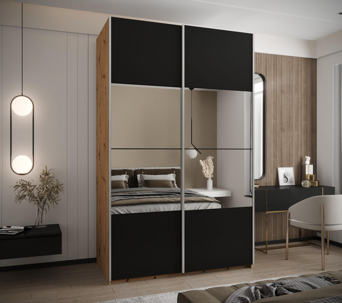 SCHWEBETÜRENSCHRANK 245,5/150/64 2-türig - Silberfarben/Schwarz, Holz/Metall (150/245/64cm) - Abiks Möbel