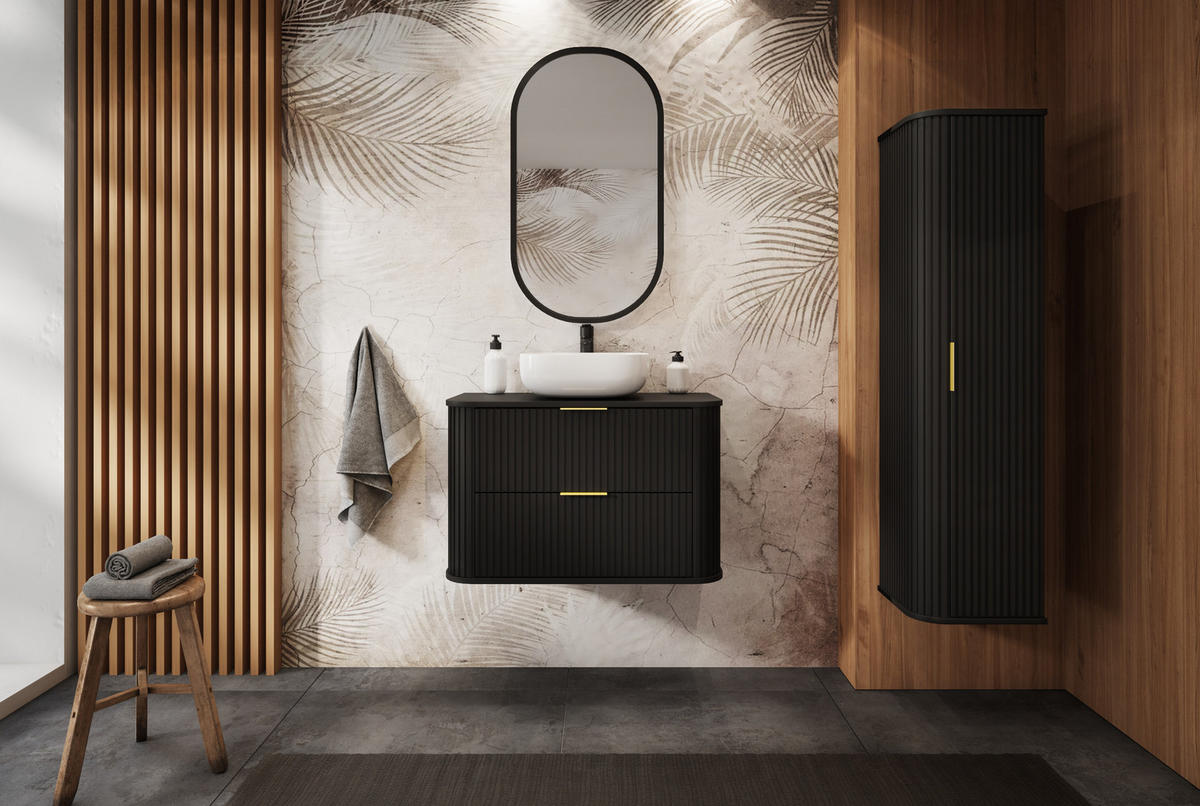 BADEZIMMERSCHRANK, Schwarz, 80,4 x 51,7 x 41,5 cm, Goldene Griffe - Goldfarben/Schwarz, Holzwerkstoff/Kunststoff (80.4/51.7/41.5cm) - 3XE LIVING