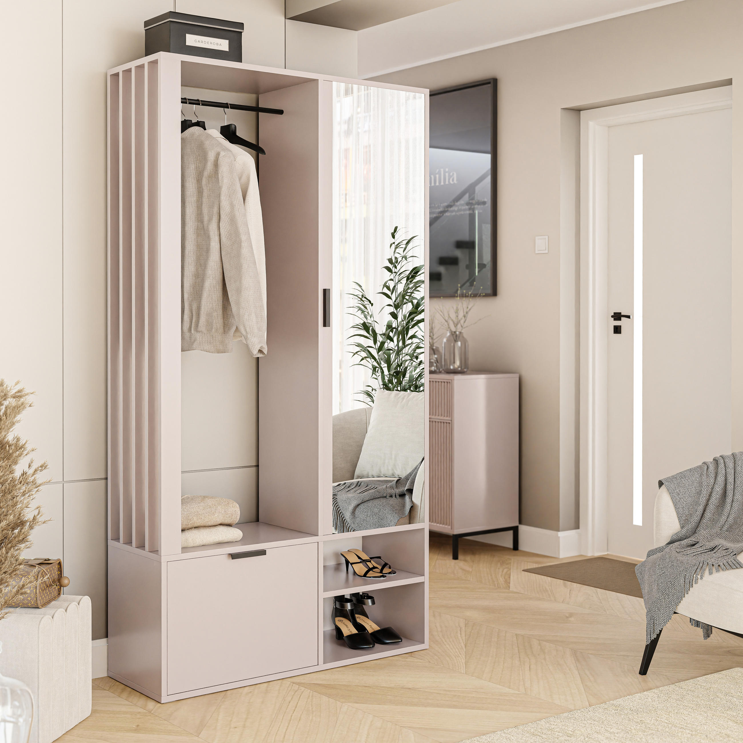 GARDEROBENSCHRANK mit Spiegel-mit Ablagen und Kleiderstange - Beige, Holzwerkstoff (100/190/33cm) - Idohome