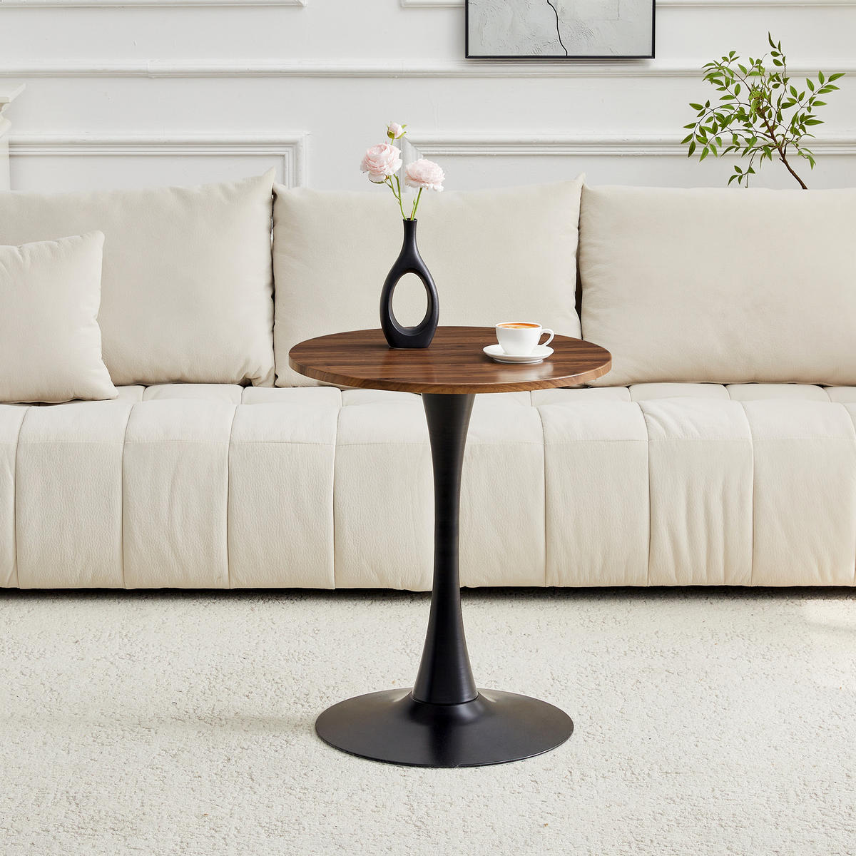 BEISTELLTISCH 60/60/72 cm walnussfarben/schwarz aus MDF und Metall mit runder Tischplatte - Schwarz, Holzwerkstoff (60/60/72cm) - OKWISH