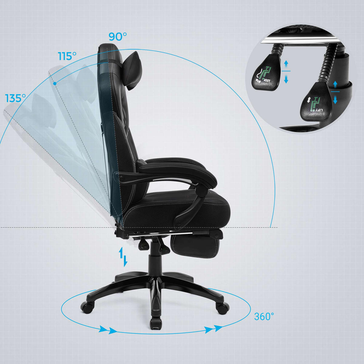 GAMING STUHL SCHREIBTISCHSTUHL - Schwarz, Leder (64/128/70cm) - Hansiro