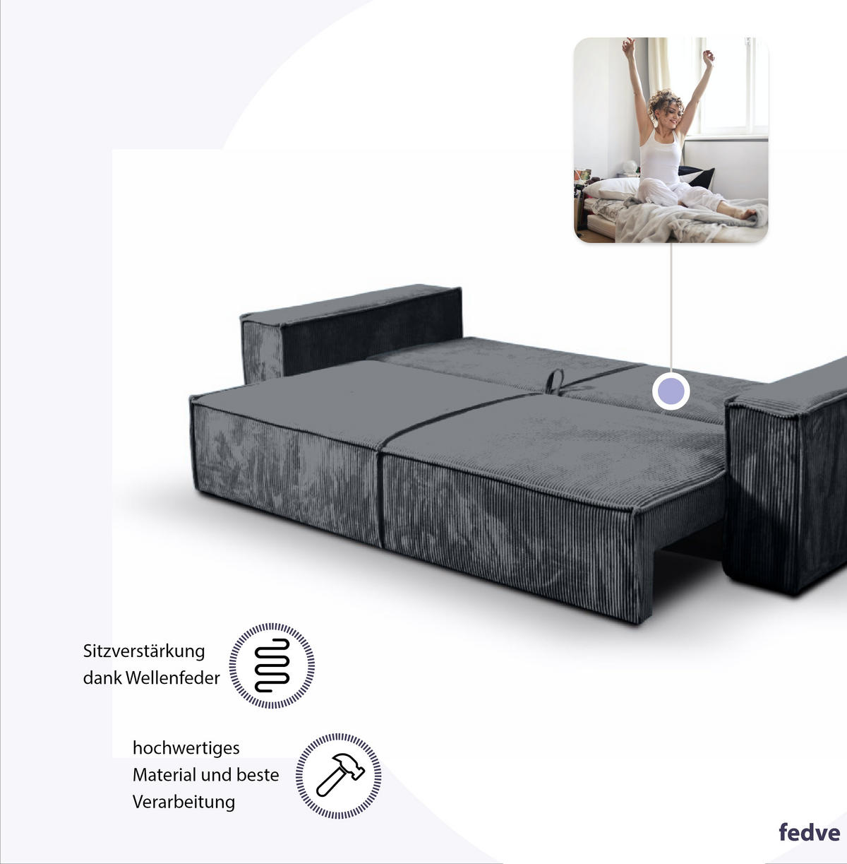 SCHLAFSOFA Sekwana Dunkelgrau (Poso 34) - Dunkelgrau, Textil (255/85/105cm) - Fedve