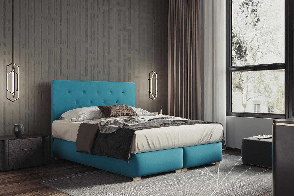 BOXBETT LUPIN, 160 x 200 cm, Double Bed für Schlafzimmer, Elegant Matratze und Bettkasten, Türkis - Türkis, Holz/Textil (160/200cm) - Trada