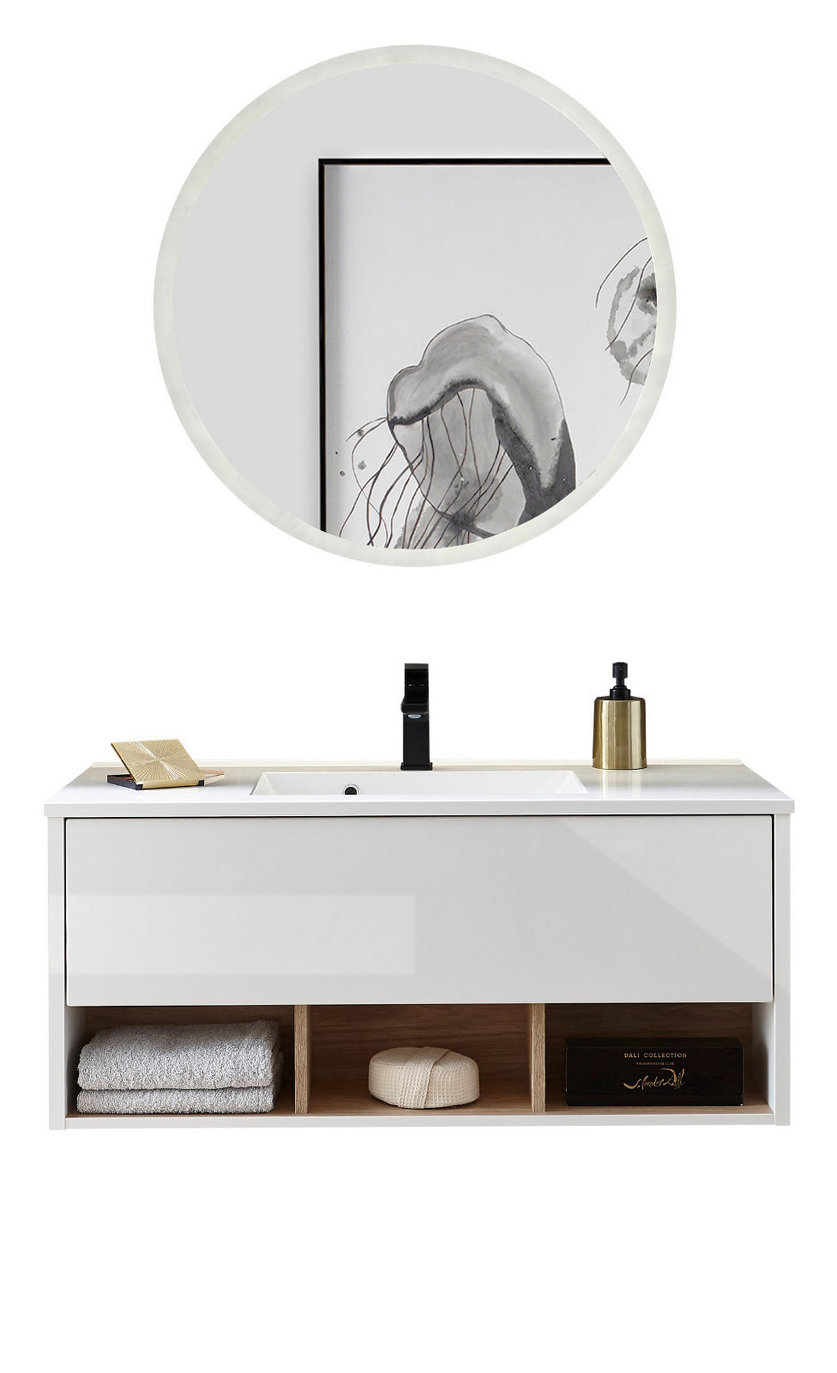 BADMÖBEL-SET 2-teilig weiß Hochglanz, Eiche mit Waschbecken und LED Beleuchtung 100 x 190 cm Glide - Weiß Hochglanz/Eichefarben, Glas/Holzwerkstoff (100/190/47cm) - Furn.Design