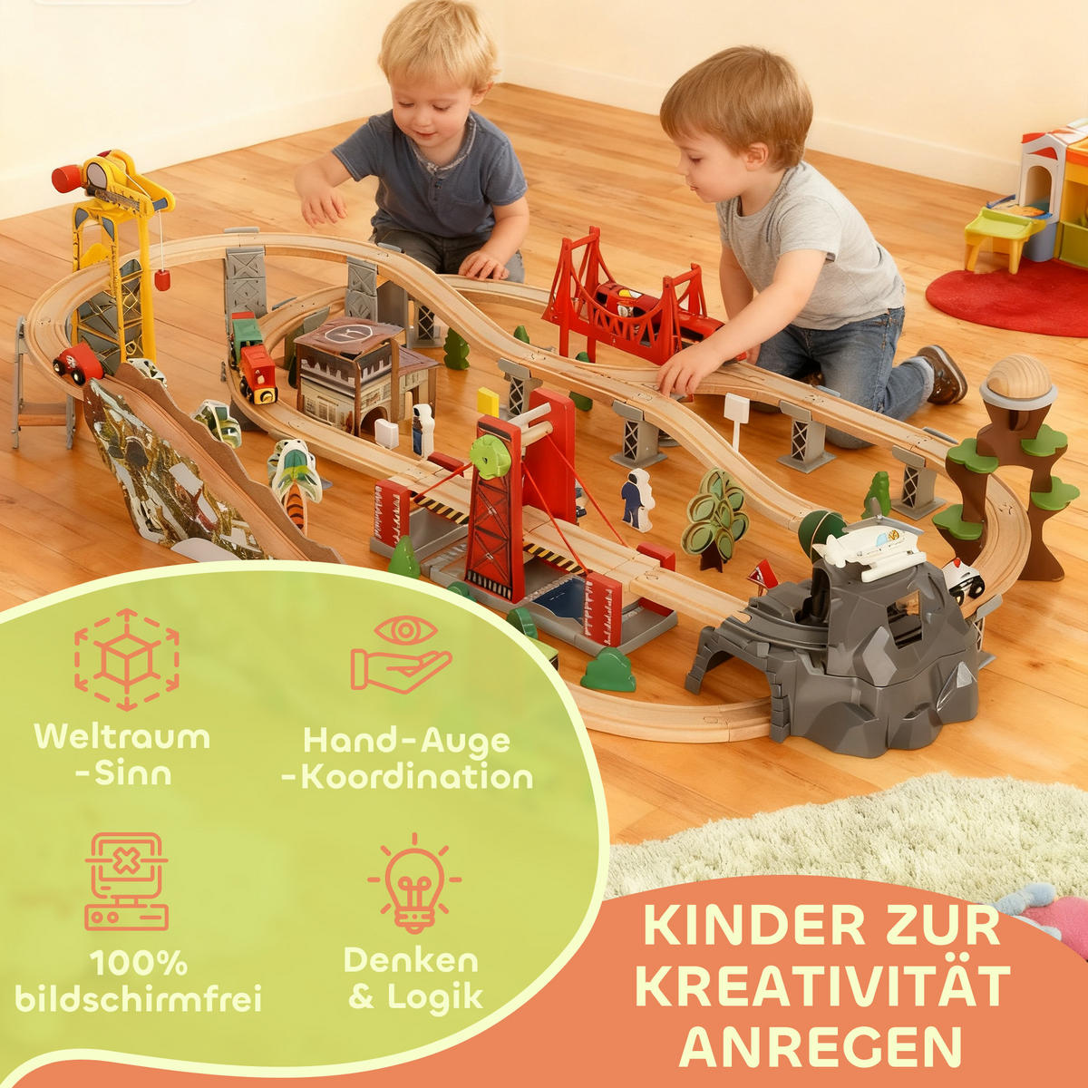 100 Stücke Holzeisenbahn-Set Buchenholz Kunststoff Naturholz - Multicolor, Holz (60/27.5/118cm) - AIYAPLAY