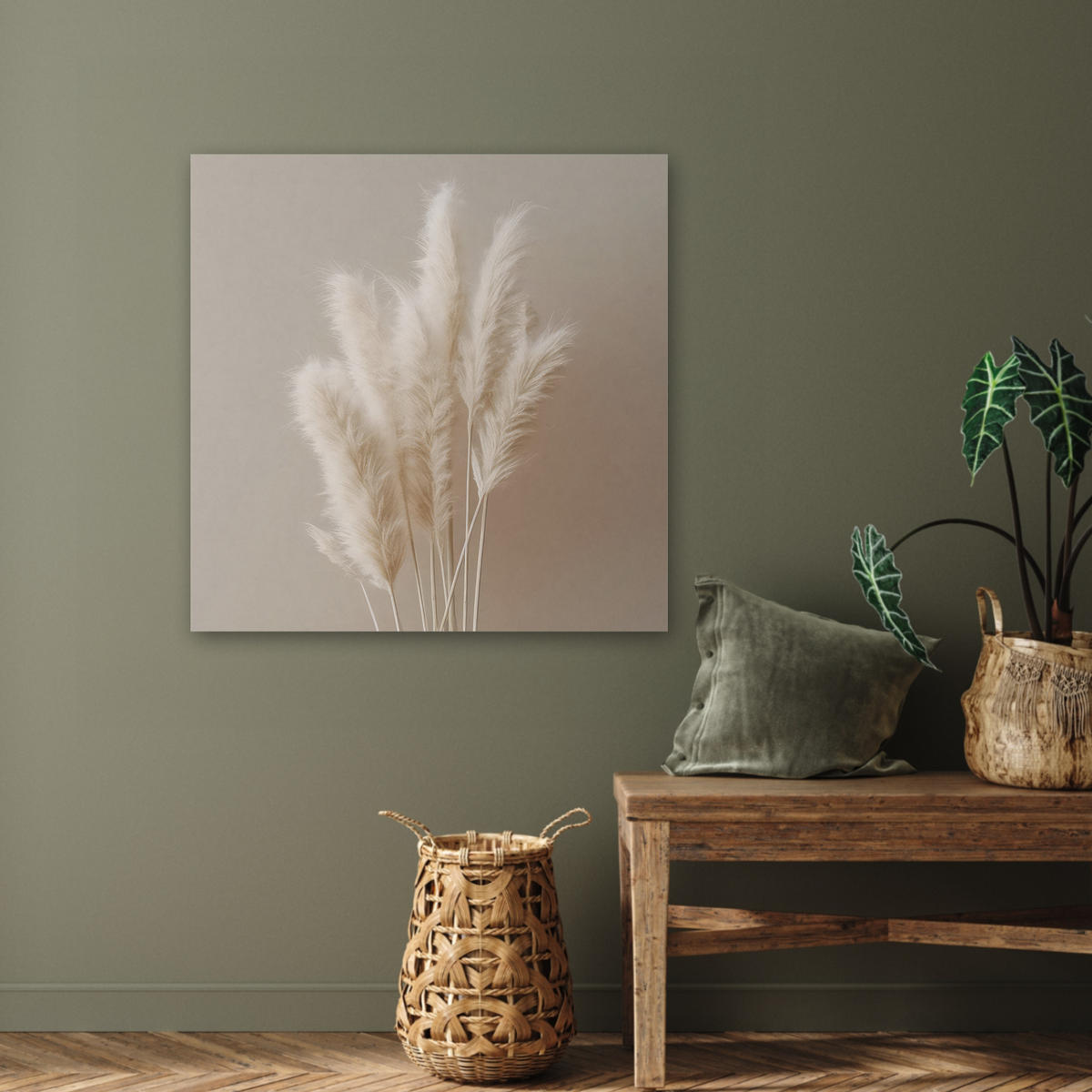 AKUSTIKBILD Pampasgras - Federn - Pastell - Weiß Akustikpaneele 80x80 cm - Naturfarben, Kunststoff (80/80/0.9cm) - MuchoWow
