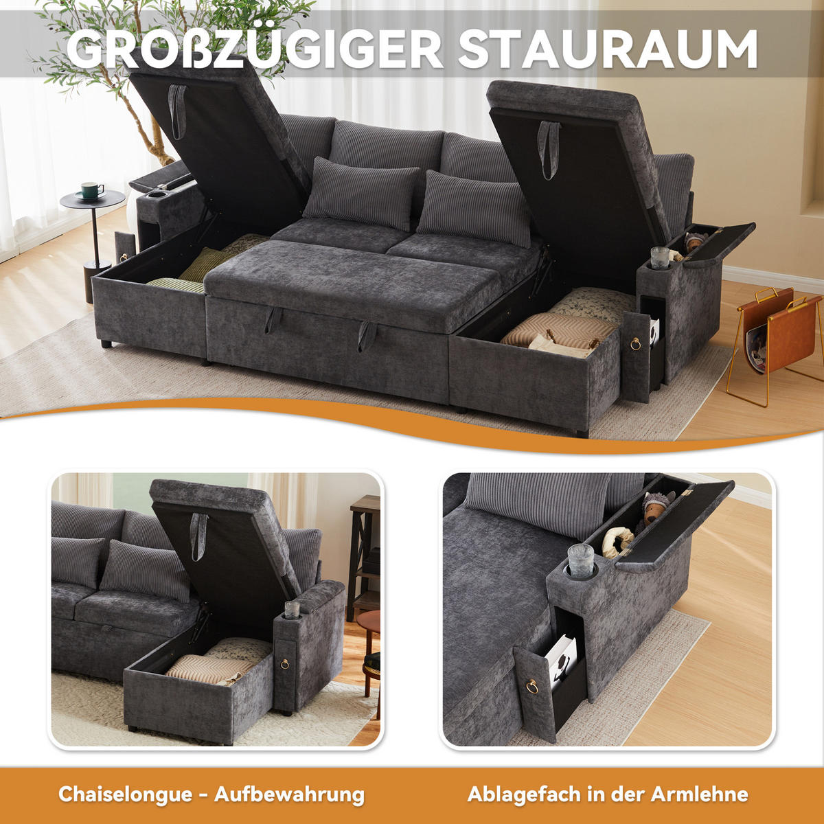 SCHLAFSOFA aus Chenille & Cord 272x131x84 cm in Grau mit Stauraum & Getränkehaltern - Grau, Textil (272/84/131cm) - Modfu