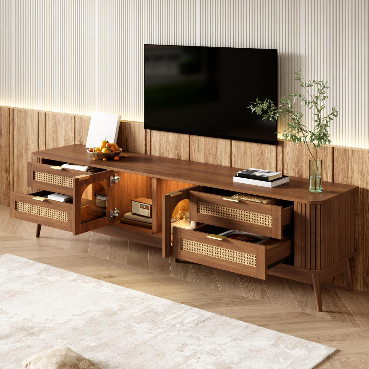 TV-SCHRANK LED Glas Türen Sideboard Massivholzbeine Modern - Walnussfarben, Holzwerkstoff (180/50/40cm) - FLIEKS
