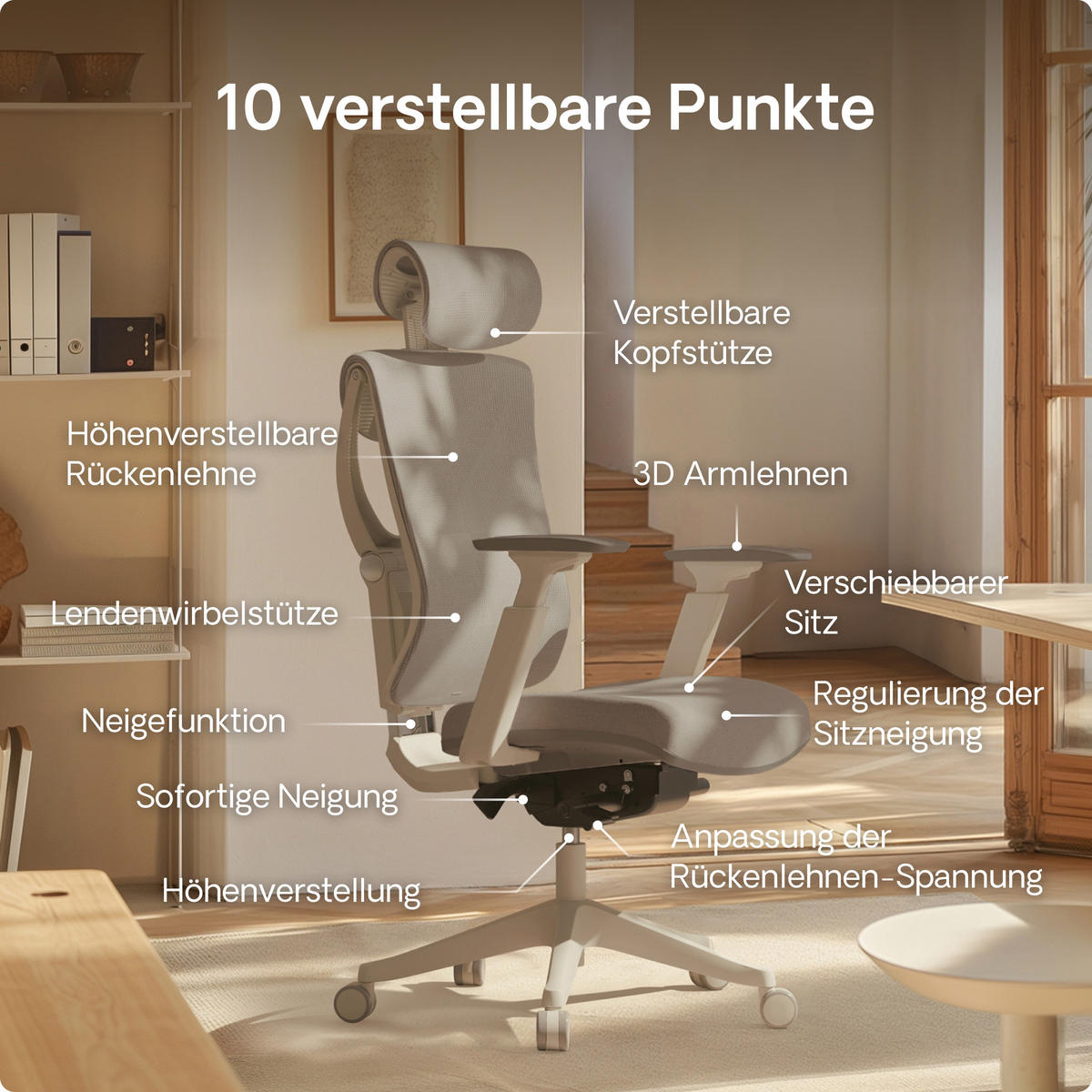 BÜROSTUHL Verstellbarer Ergonomischer SitPro Grau 3-Dimensional Armlehne, Integrierte 5-Wege-Lendenwirbelstütze - Grau, Kunststoff (72/113/67cm) - Desktronic