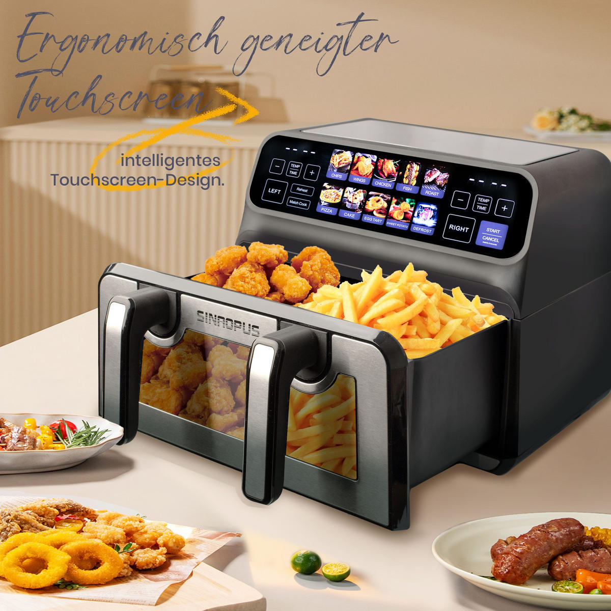 HEISSLUFTFRITTEUSE Doppelkammer 9L 10-in-1 flexibler XXL-Modus - Silberfarben, Metall (35/32/26cm)