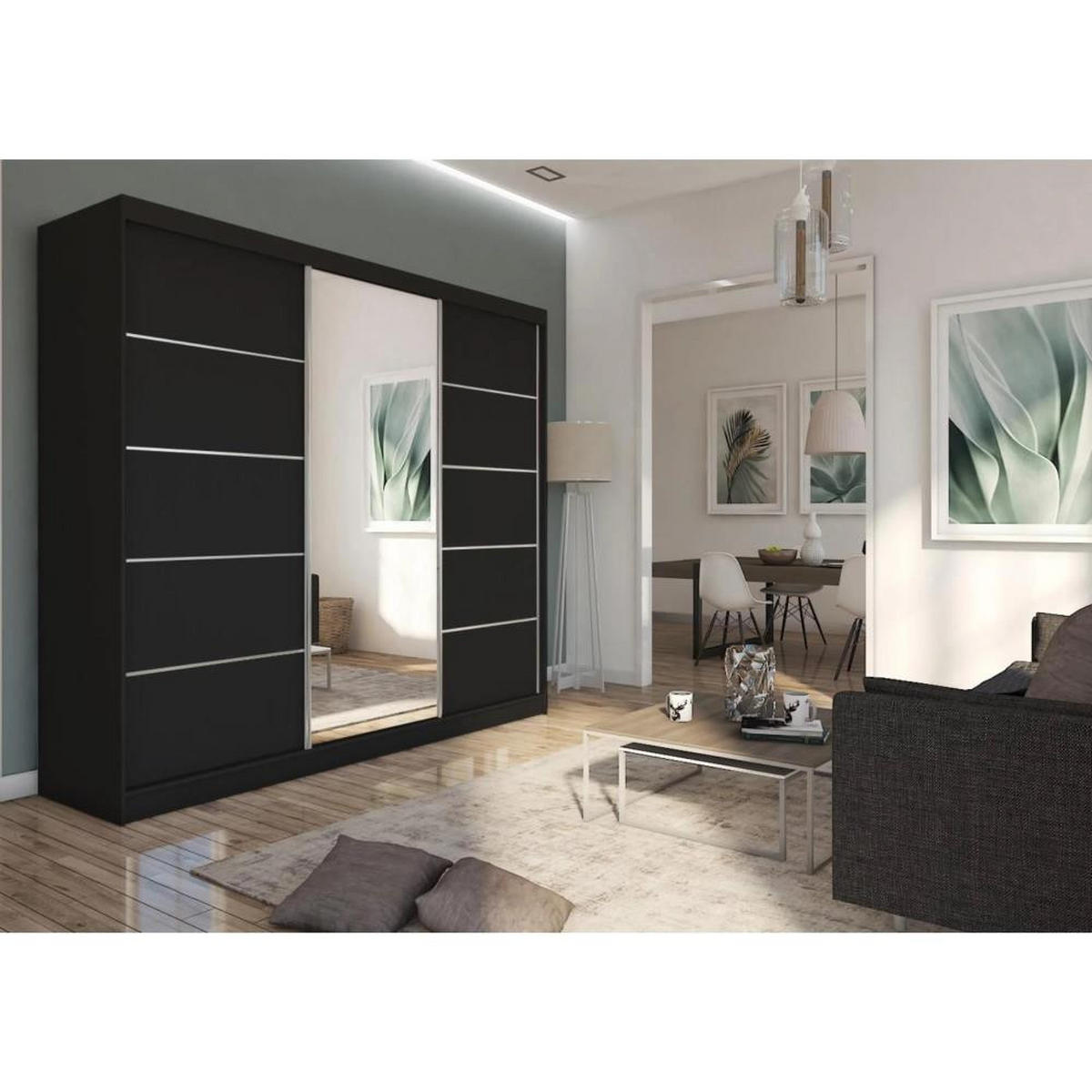 SCHWEBETÜRENSCHRANK Marika 240/216/61 schwarz mit Spiegel und Schubladen - Schwarz, Holzwerkstoff (240/216/61cm) - Beautysofa