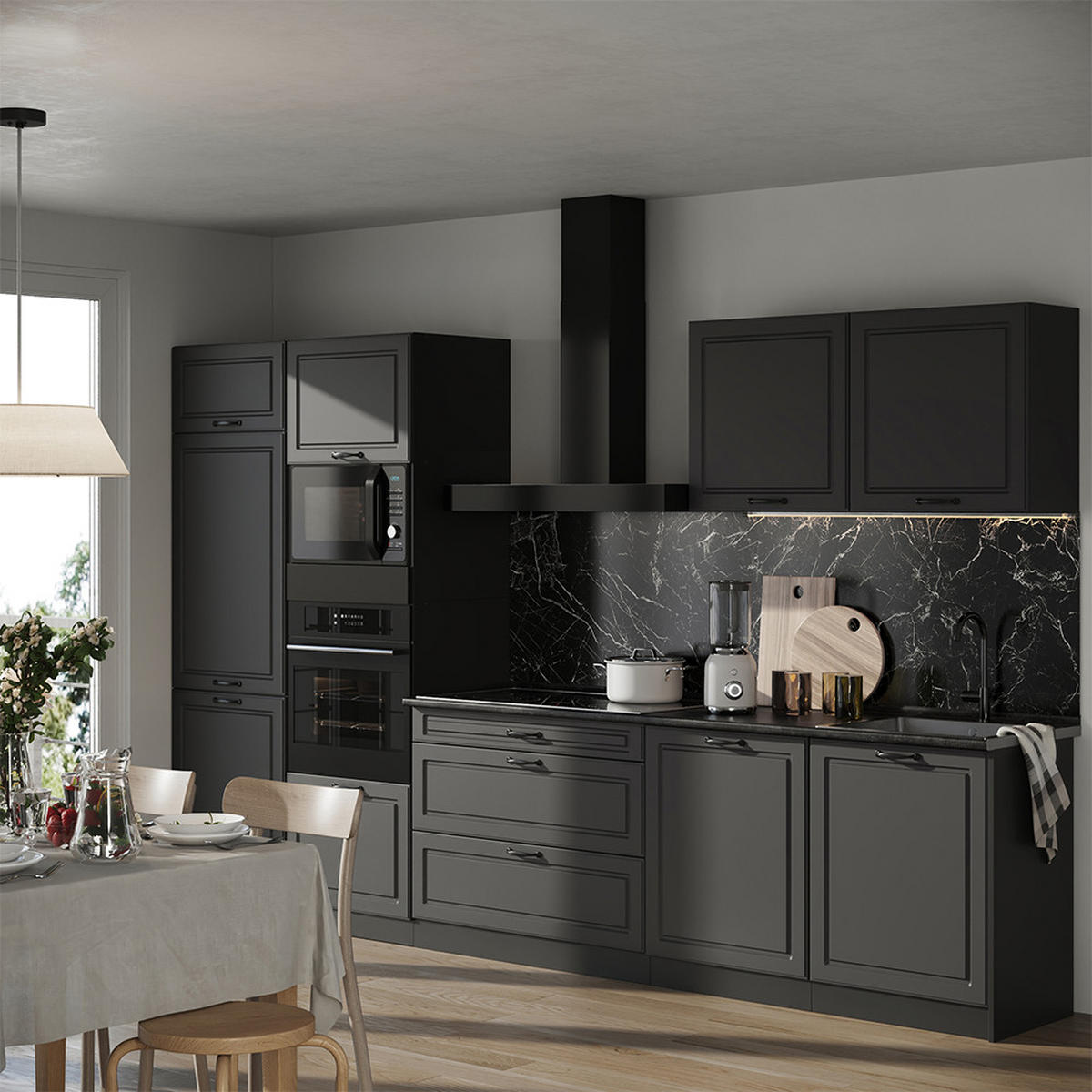 KÜCHENZEILE R-Line, Anthrazit Landhaus/Anthrazit, 340 cm ohne Arbeitsplatte - Anthrazit, Holzwerkstoff (340/206.8/46cm) - Vicco