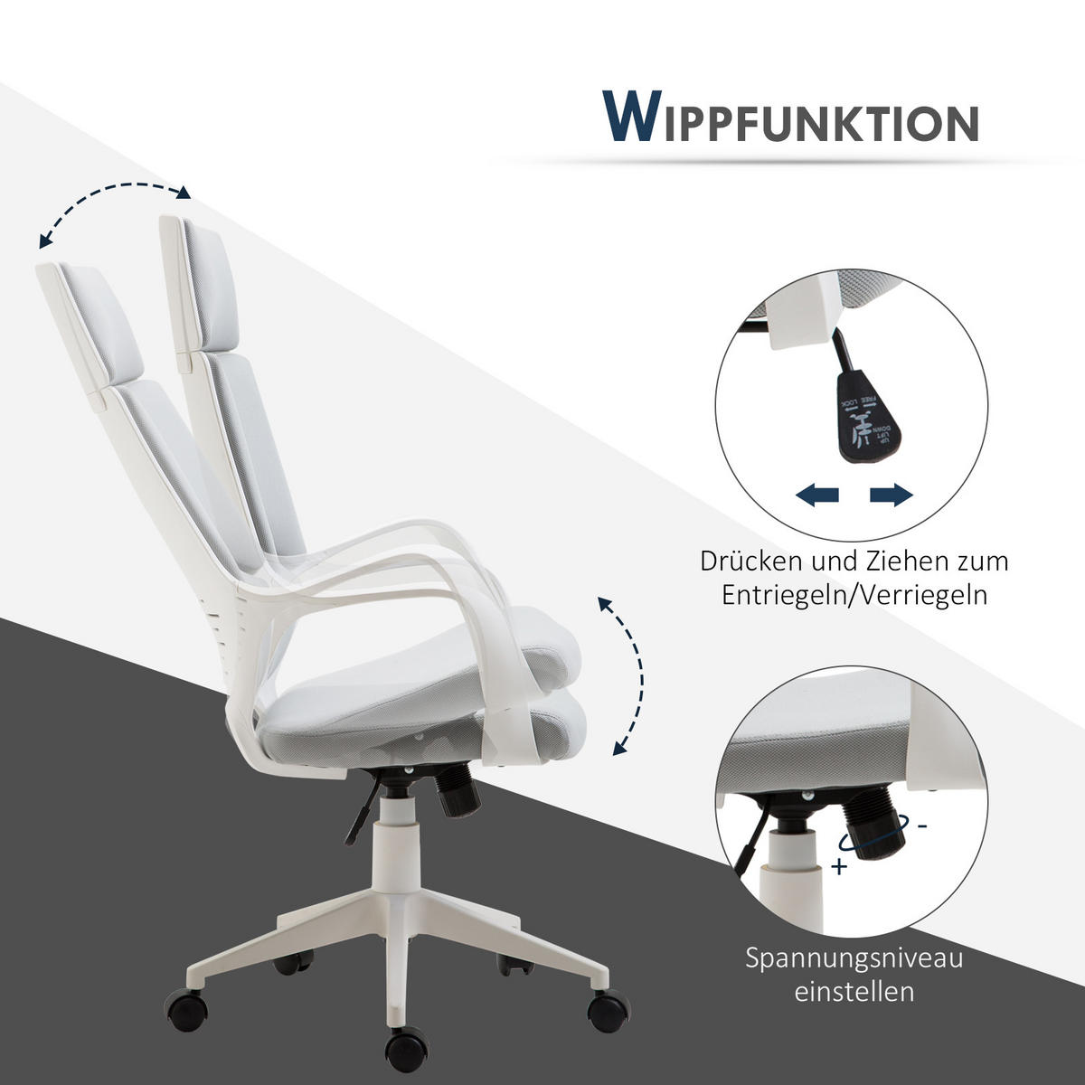 BÜROSTUHL Ergonomischer Schreibtischstuhl mit Armlehne, Wippfunktion Grau - Weiß/Grau, Kunststoff/Textil (63/127/63cm) - HOMCOM