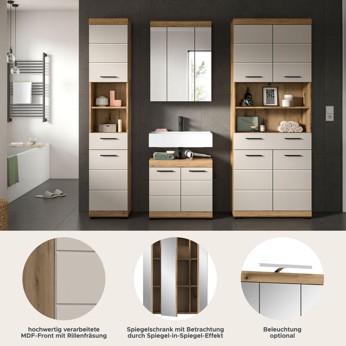 BAD-SET SCOUT 4-tlg. (B/H/T: ca. 201/191/34 cm) in Evoak Oak Nachbildung/- - Eichefarben, Holz (201/191/34cm)
