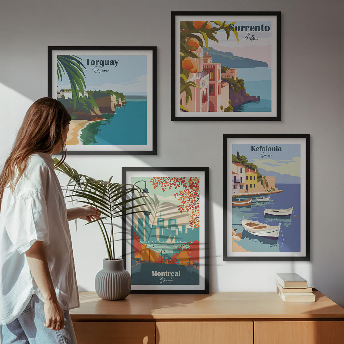 BILDER SET 4er Set - 50x50 cm & 40x60 cm Schwarzer Rahmen - Retro-Ansichten von Städten auf der ganzen Welt - Schwarz, Kunststoff (50/50cm) - TULUP