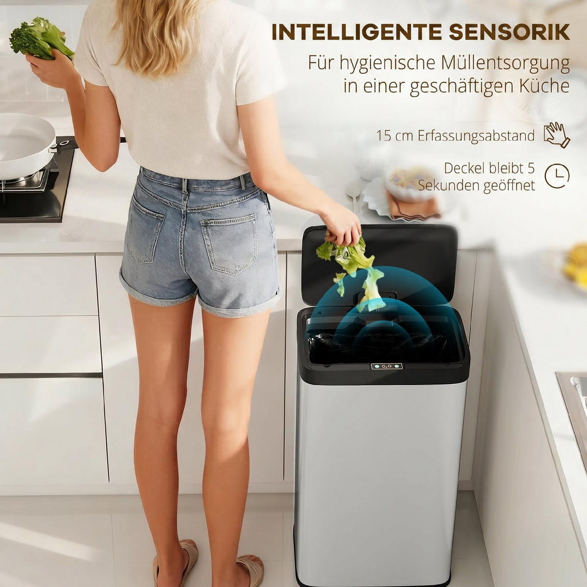 MÜLLEIMER SENSOR 45L 38/25,5/67,5 cm Edelstahl Silber Soft-Close - Silberfarben, Metall (25.5/67.5/38cm) - Rolipo