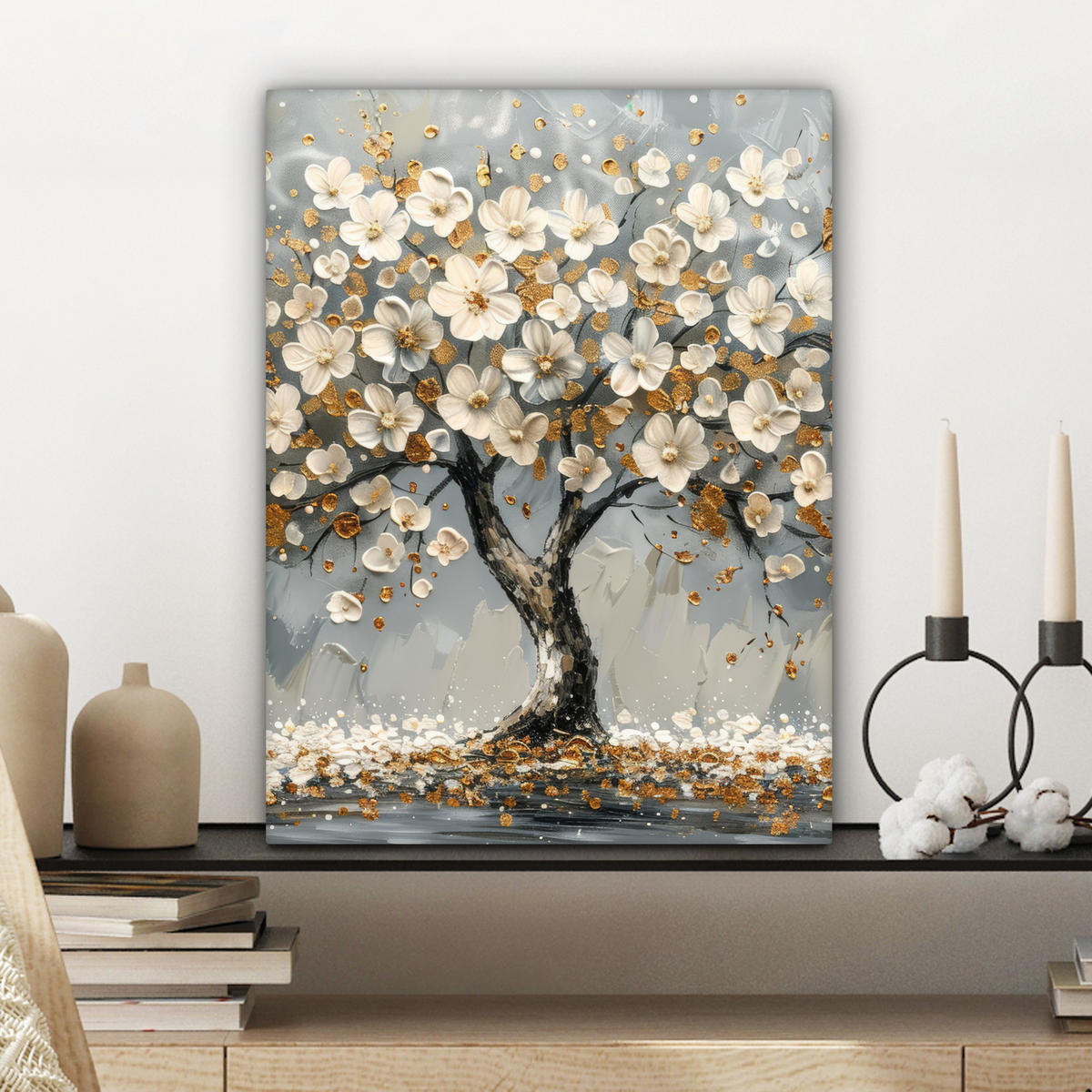 LEINWANDBILD Baum - Blumen - Weiß - Natur - Kunst 30x40 cm - Weiß, Textil (30/40cm) - MuchoWow