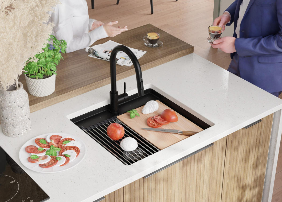 UNTERBAUSPÜLE GRANIT Bergen, 2-er set Schwarz Metallic 56/53 cm 1 Becken + Ablauf-Set + Schneidebrett ab 60er Unterschrank - Chromfarben/Schwarz Hochglanz, Kunststoff (56/20/53cm) - Primagran