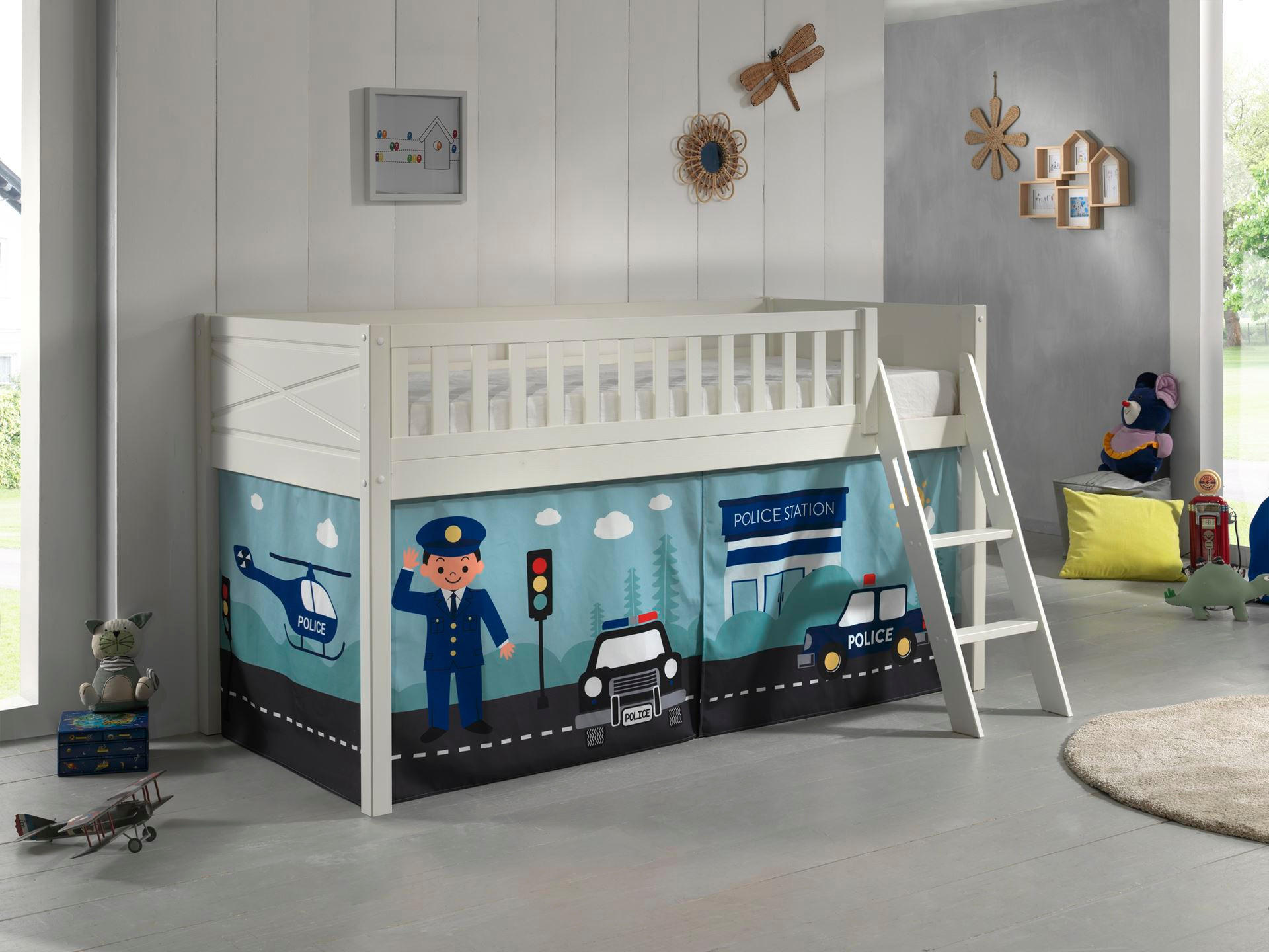 KINDERBETT Karyl 208x114x135 Massivholz Weiß Textilset Polizei - Weiß/Hellblau, Holz (90/200cm) - 58aufmkessel