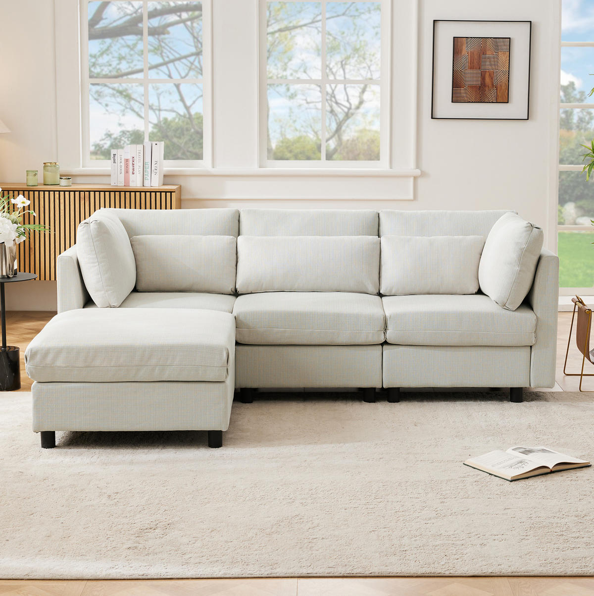 ECKSOFA Leinenstoff mit Fußhocker und Kissen 220/83/81 cm Beige - Beige, Textil (81/83cm) - Redom