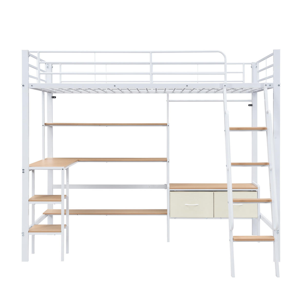 HOCHBETT 90/200 cm in Weiß & Natur mit Schreibtisch, Regal und 2 Stoffboxen Metall & Holz-Design - Weiß, Metall (90/200cm) - STILVORA