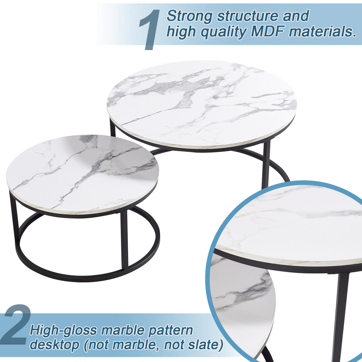 COUCHTISCH in Weiß/Schwarz Hitzebeständiger Wohnzimmertisch mit Marmor-Optik Platte Sofatisch mit Metallgestell - Schwarz/Weiß, Holzwerkstoff/Metall (80/80/45cm) - STILVORA
